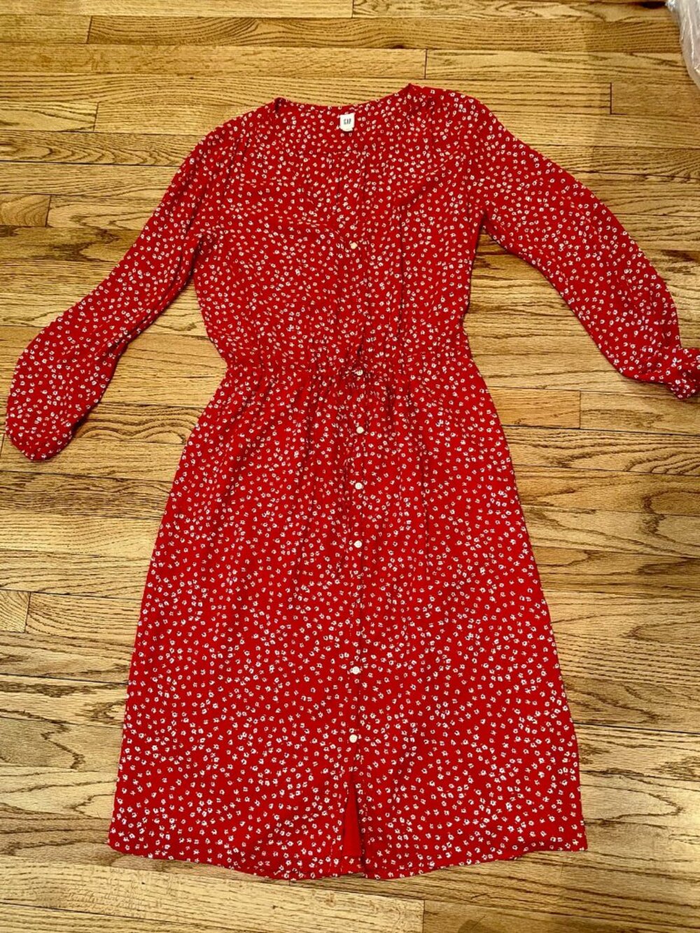 GAP Red Ditsy Floral Long Sleeve Button Front Midi Dress M